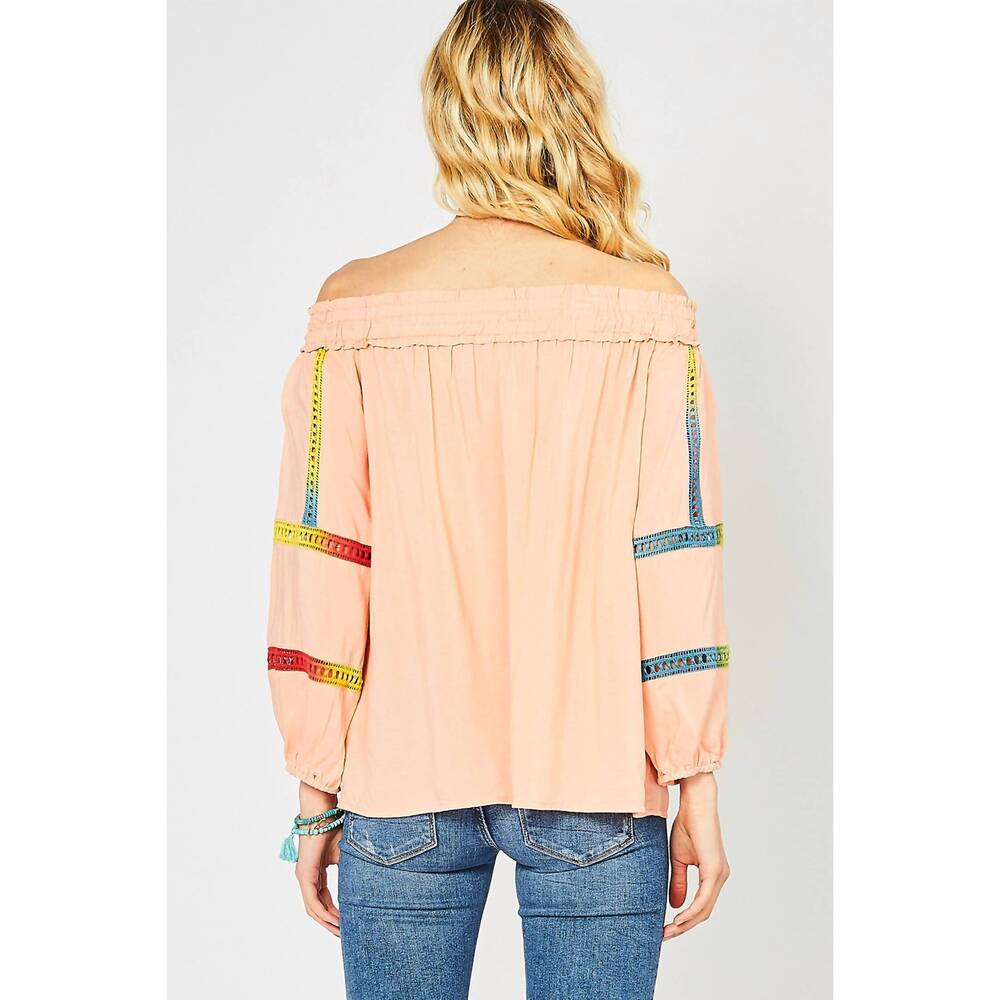 NEW ENTRO off the shoulder crochet top in peach - Picture 3 of 8